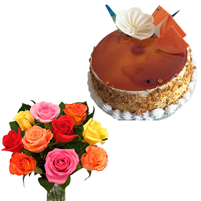 "Round shape Butterscotch Cake - 1 Kg, 12 Mixed Roses bunch - Click here to View more details about this Product